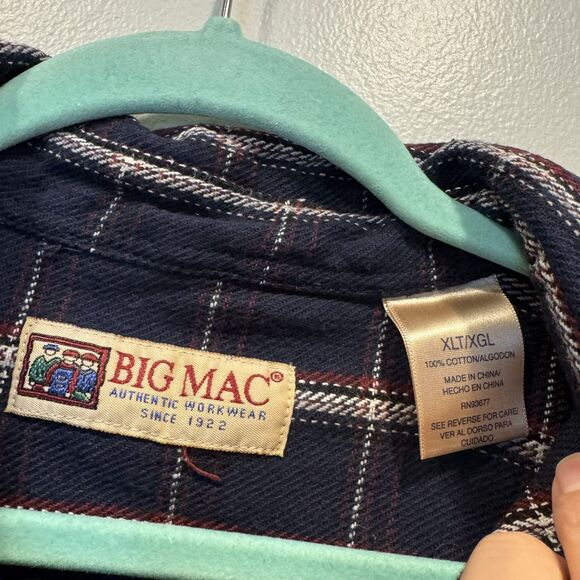 Vintage Big Mac Pearl Snap Flannel Shirt Navy Plaid 100% Cotton Western Mens XLT - Picture 3 of 7